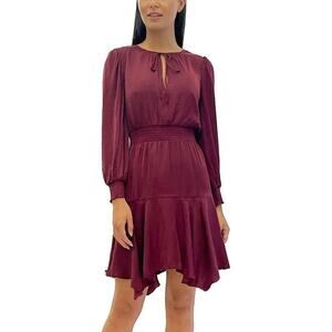 NWOT Sam Edelman Smocked Waist Long Sleeve Tie Neck Dress Burgundy Maroon Sz 8